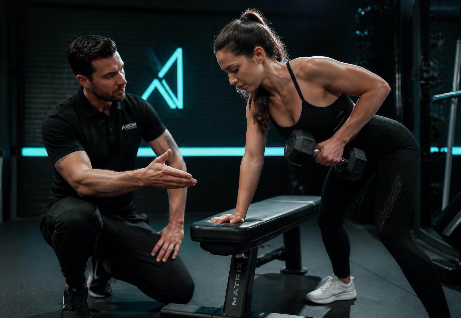 Personal trainer coaching a client through a dumbbell row